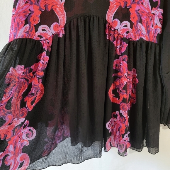 Free People Printed Symphony Smock Dress Sz S/P Black Red Floral Sheer Bohemian - Picture 6 of 12